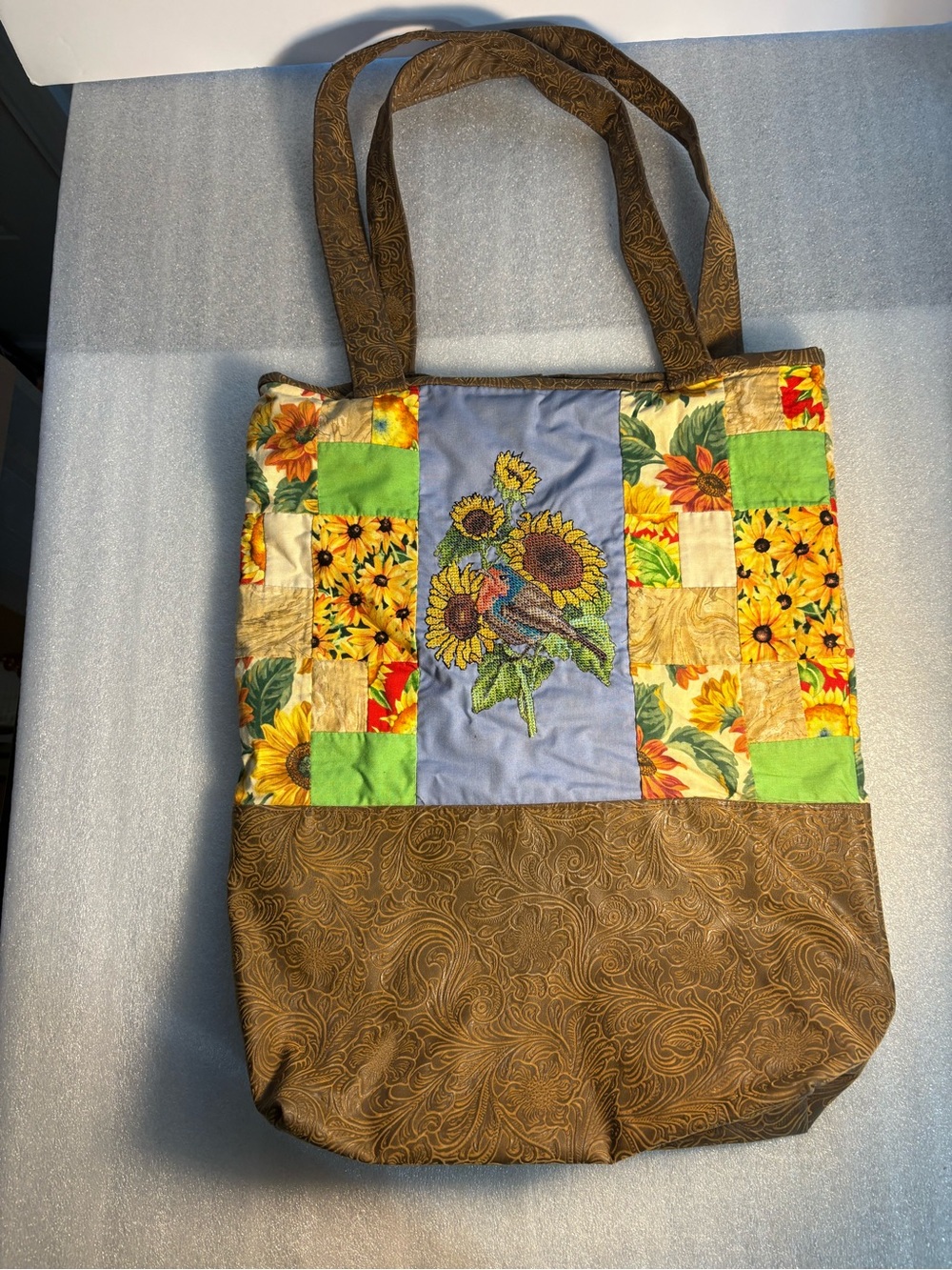 Sunflower Patchwork Tote Bag with Brown Base